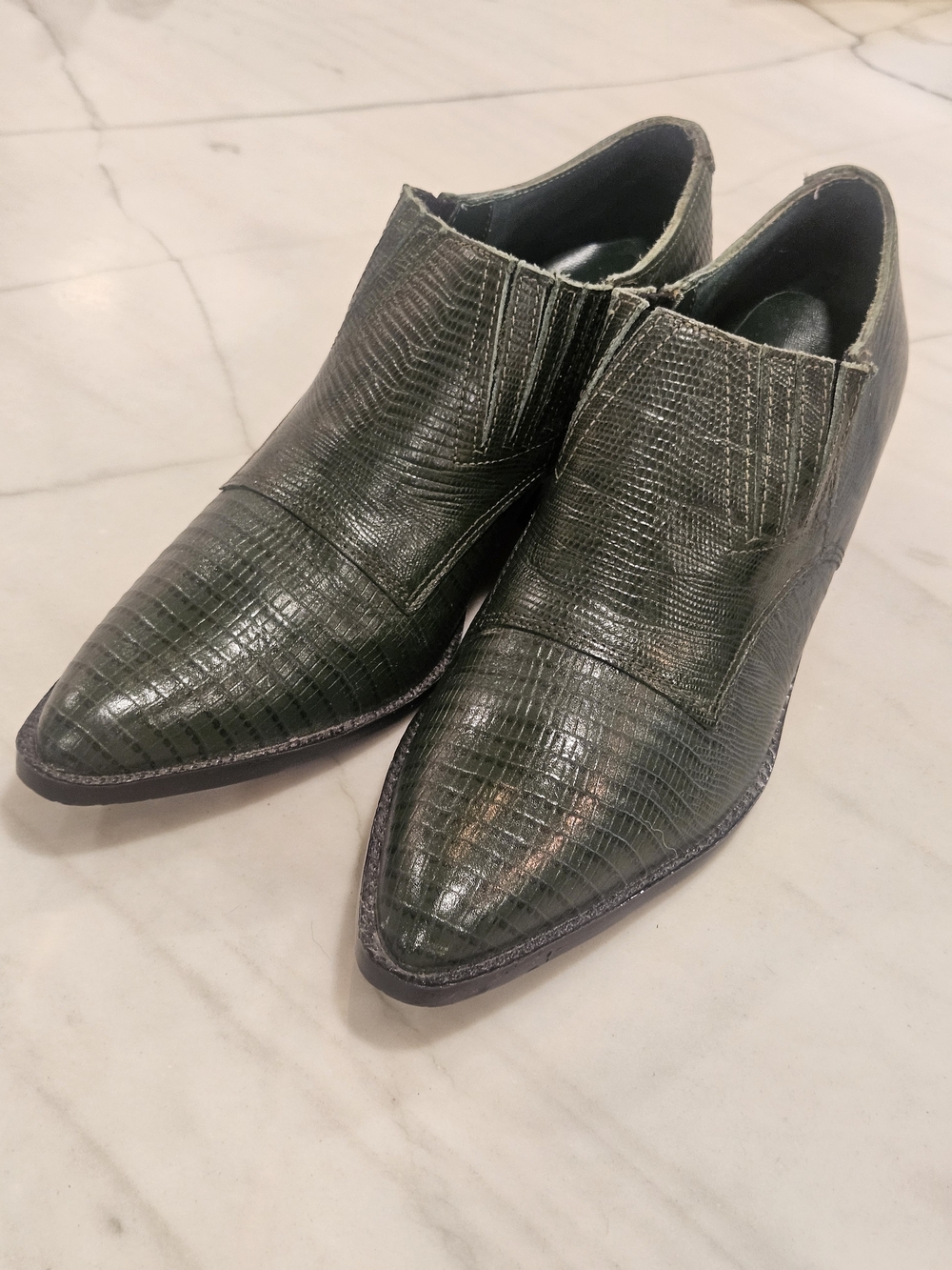 Vintage TRIBECA Genuine Iguana Lizard Skin Ankle Boots Green Western Cuban Heel